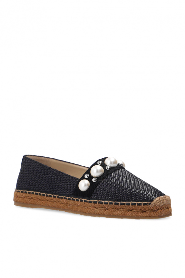 jimmy choo dru pearly stud woven flat espadrilles